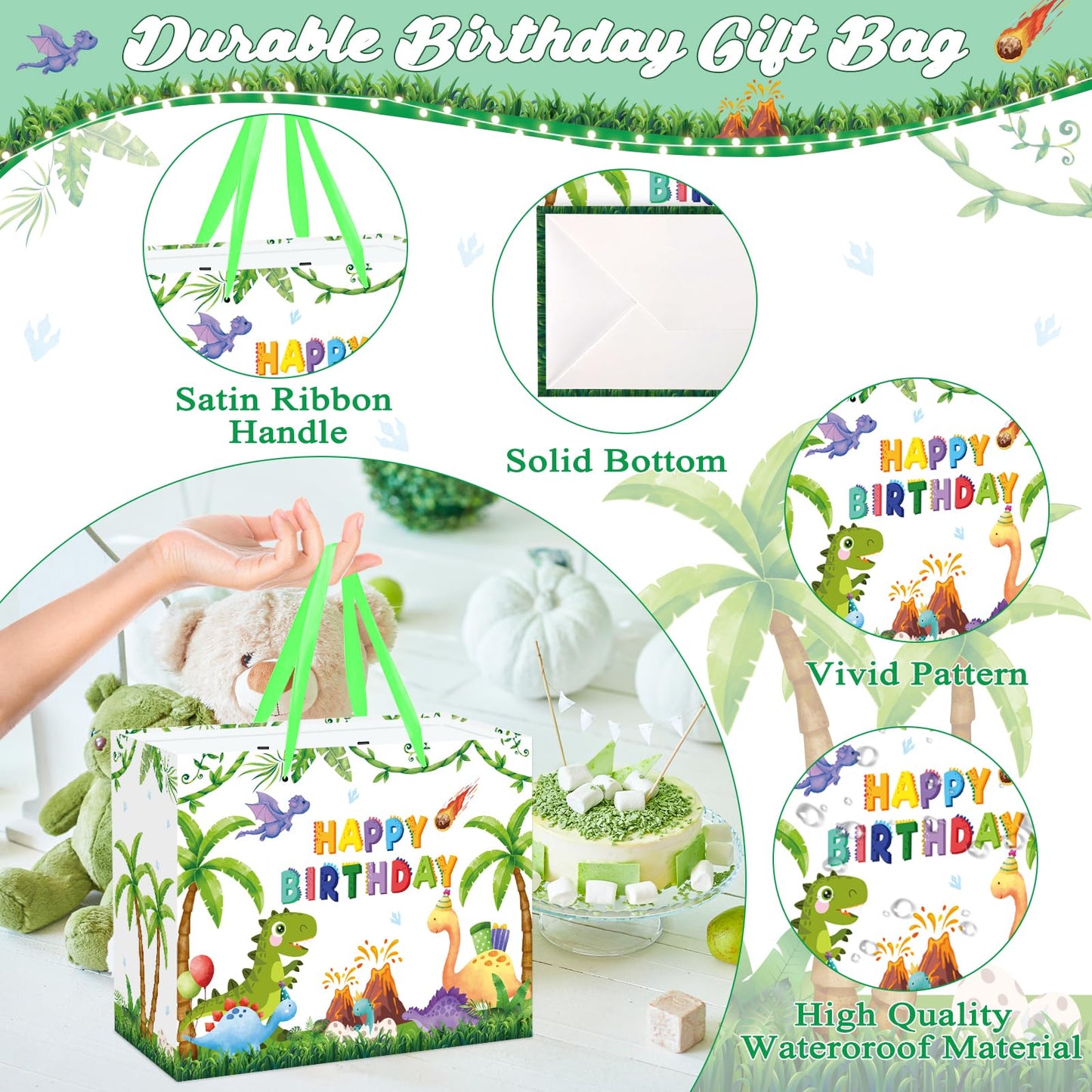 QISOLIY Dinosaur Birthday Gift Bag for Kids Boys Happy Birthday Gift Bag with Tissue Paper and Greeting Card, Cute Dino Party Favor Bag for Children, Party Present Wrapping Bag with Handle