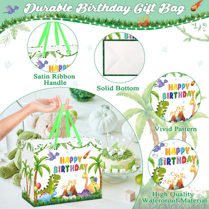 QISOLIY Dinosaur Birthday Gift Bag for Kids Boys Happy Birthday Gift Bag with Tissue Paper and Greeting Card, Cute Dino Party Favor Bag for Children, Party Present Wrapping Bag with Handle