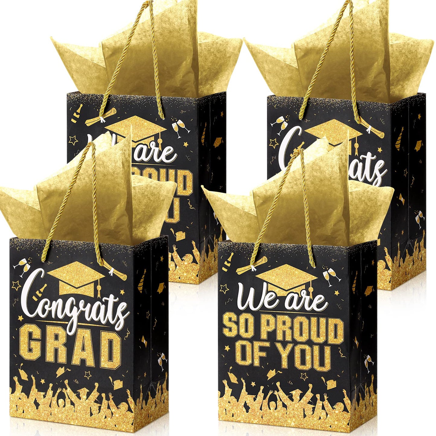 TaoBary 12 Pcs Graduation Gift Bags with Tissue Party Favor Bag Handles Class of 2026 Grad Paper Goodie Bulk for Congrats Supplies(Black Gold)