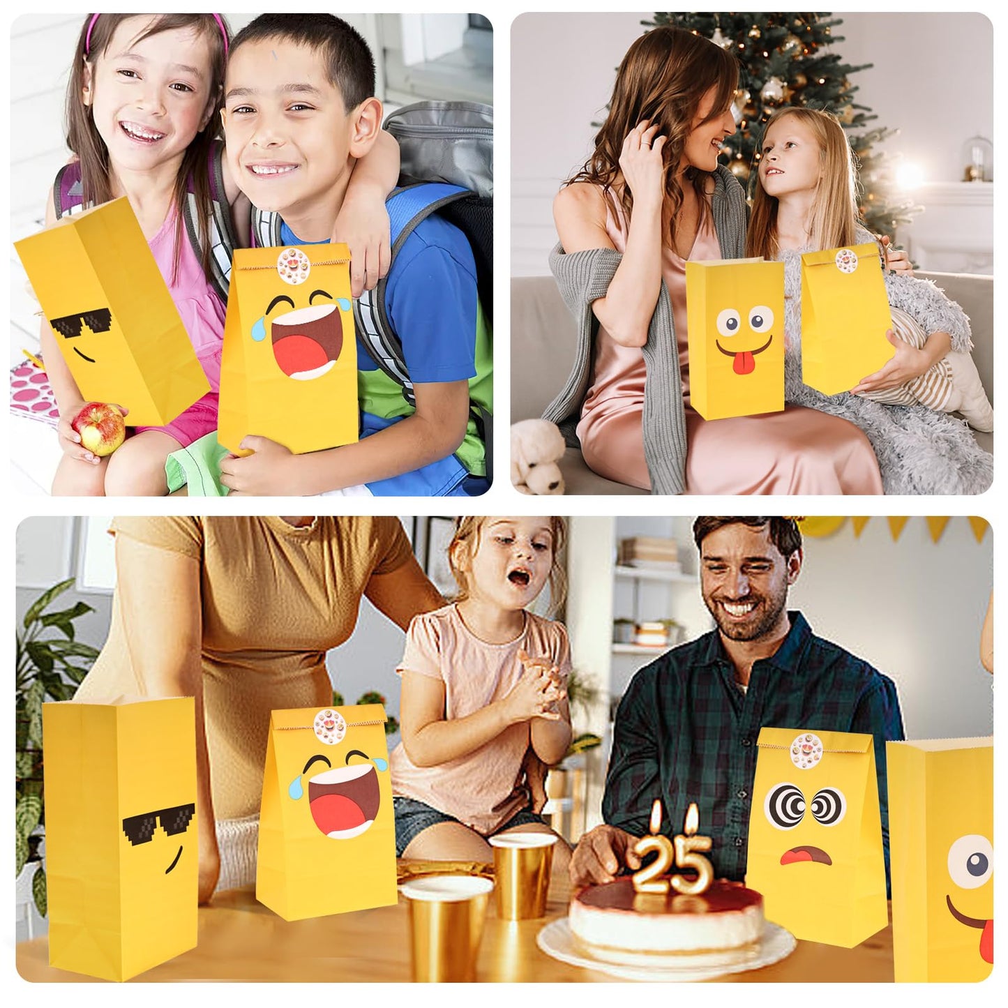 VGOODALL 24 Pack Funny Face Party Favor Bags with Stickers - 8.7"x4.7"x3.1" Yellow Expression Goodie Bags, Vibrant Cartoon Graphic for Kids Birthday, School Rewards & Gift Packaging