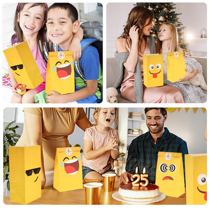 VGOODALL 24 Pack Funny Face Party Favor Bags with Stickers - 8.7"x4.7"x3.1" Yellow Expression Goodie Bags, Vibrant Cartoon Graphic for Kids Birthday, School Rewards & Gift Packaging