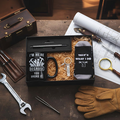 Panitay 4 Pcs Maintenance Man Gift Set for Men 9 in 1 Multi Tool Pen 14 oz Repair Worker Coffee Mug Keychain Sock Funny Christmas Birthday Appreciation Gift for Mechanic Engineer Handyman Carpenter