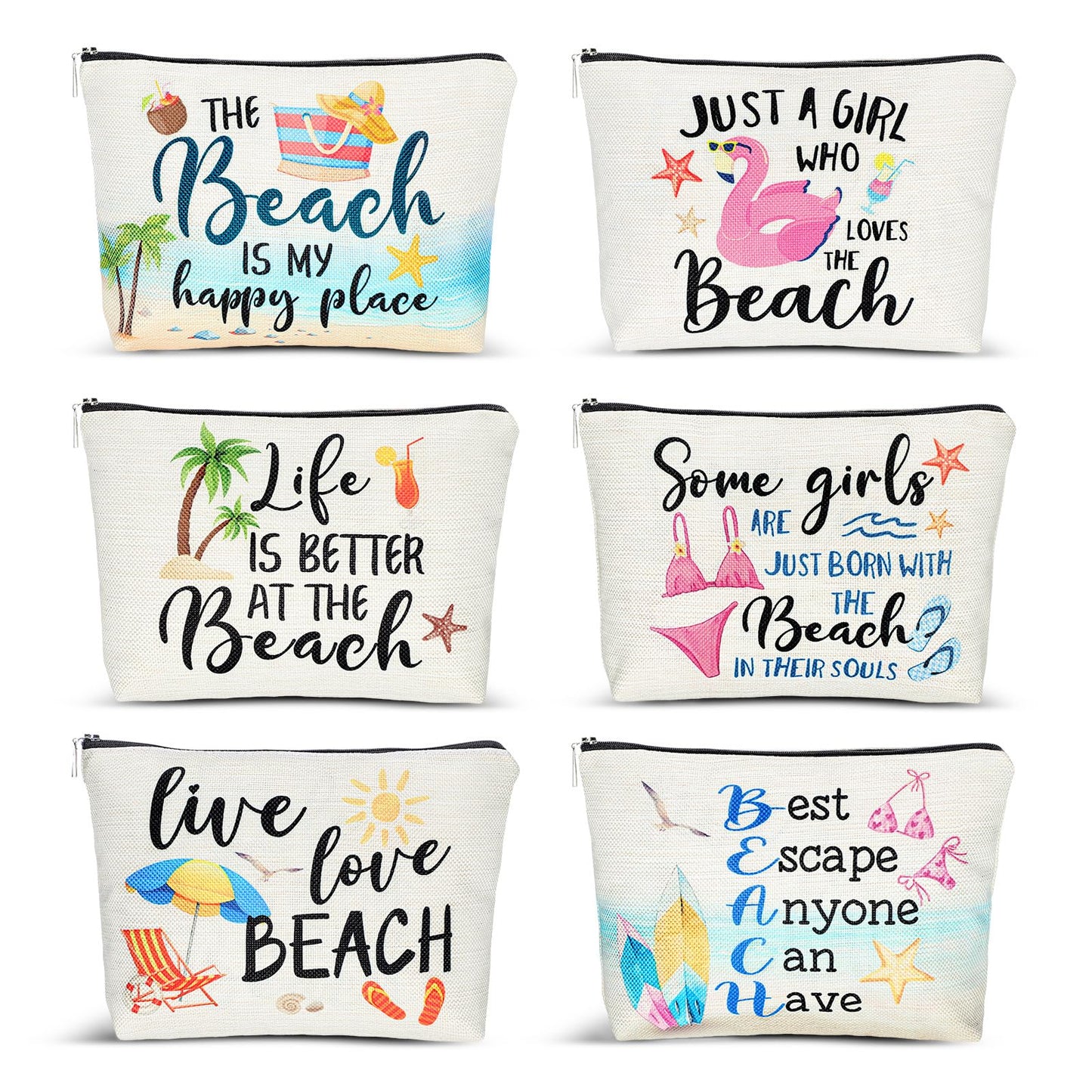 CHENGU 6 Pcs Beach Makeup Bag Summer Beach Essentials Kit Survival Kit Bag Inspirational Gifts for Women, Various Themes Makeup Pouches for Women Birthday Friend Teacher Graduation
