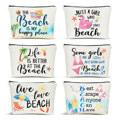 CHENGU 6 Pcs Beach Makeup Bag Summer Beach Essentials Kit Survival Kit Bag Inspirational Gifts for Women, Various Themes Makeup Pouches for Women Birthday Friend Teacher Graduation