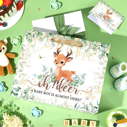 Deer Baby Shower Bag Decorations for Boys Oh Deer Gift Wrap Bag with Wrapping Paper Card Woodland Party Favors A Baby Boy Is Almost Here Goodie Bags for Newborn Kids Birthday Gender Reveal Supplies
