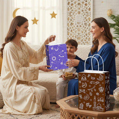 Epakh 24 Pcs Eid Mubarak Paper Gift Bags with Handle Ramadan Goodies Bags Moon Stars Lantern Ramadan Kareem for Islamic Muslim Party Favor Al Fitr Party