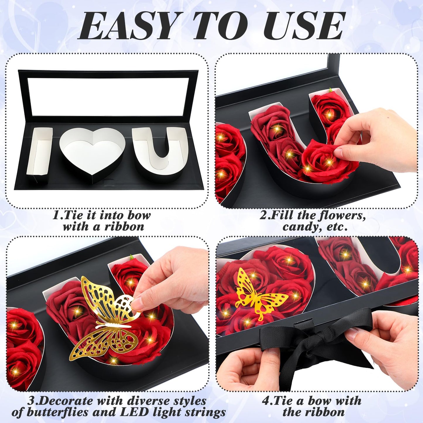 Vertintong 2 Sets Mother's Day Gift Empty Mom Fillable Flower Gift Boxes I Love U Cardboard Letter Shaped Fillable Packaging Box with 24 Pcs Gold Butterfly Decoration for Mother's Day Birthday(Black)