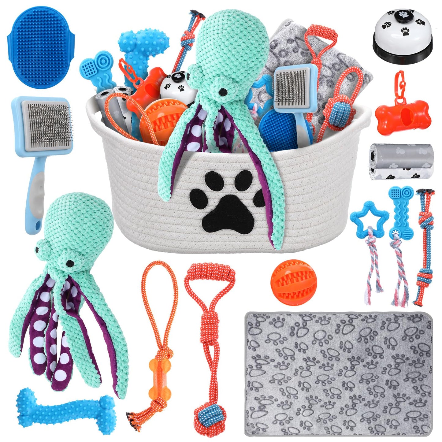 Zopeal 17 Pcs Summer Puppy Gift Set, Dog Toy & Essentials Bundle with Chew Toys, Poop Bag Dispenser, Grooming Brush, Training Bell, Blanket & Rope Basket(Octopus)