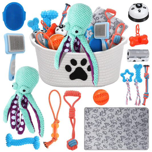 Zopeal 17 Pcs Summer Puppy Gift Set, Dog Toy & Essentials Bundle with Chew Toys, Poop Bag Dispenser, Grooming Brush, Training Bell, Blanket & Rope Basket(Octopus)