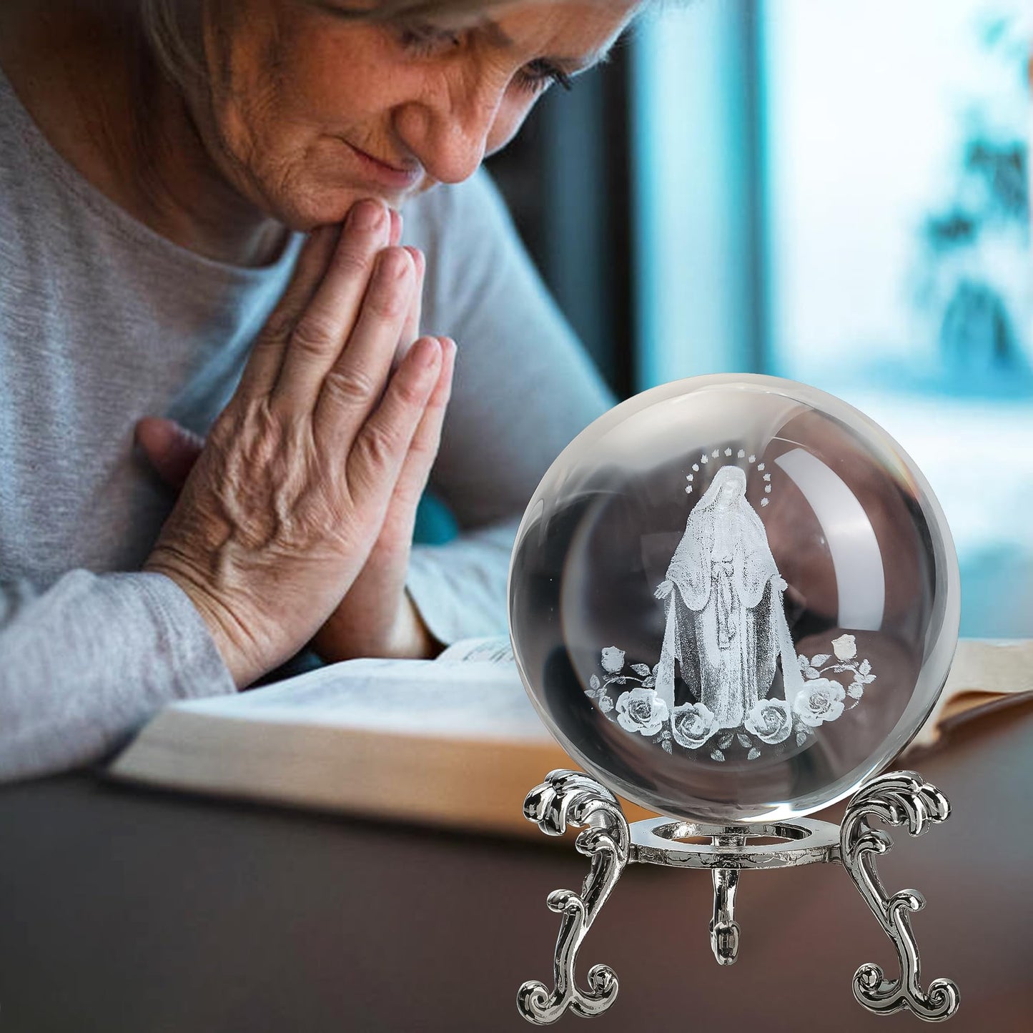 ZEERSHEE 60mm The Blessed Virgin Mary Crystal Ball 3D Laser Etched Our Lady of Guadalupe Glass Sphere Statue Mother Mary Christian Catholic Religious Easter Gifts