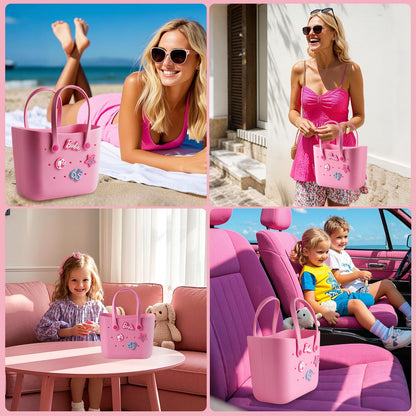 MINISO Barbie Tote Bag, Reusable Small Rubber Waterproof Bag, Cute Design Practical And Portable Handbag for Work Travel (PINK)