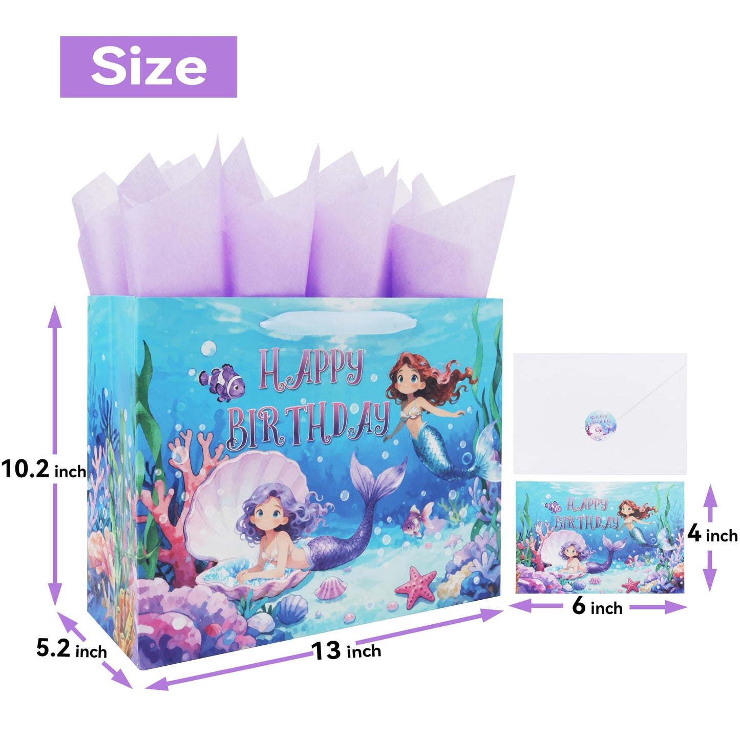 Qirrmiy 13'' Large Mermaids Birthday Gift Bag Set with Handles, Greeting Card, Purple Tissue Papers and Stickers for Kids Girls Women Teens for Birthdays, Mermaids Design, 1 Pcs
