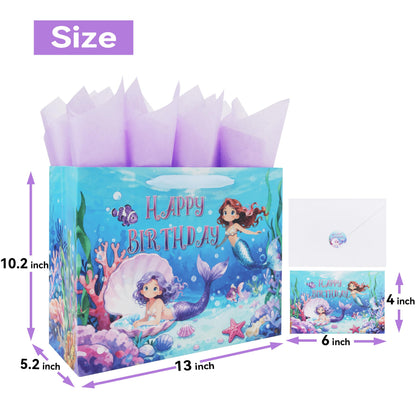 Qirrmiy 13'' Large Mermaids Birthday Gift Bag Set with Handles, Greeting Card, Purple Tissue Papers and Stickers for Kids Girls Women Teens for Birthdays, Mermaids Design, 1 Pcs