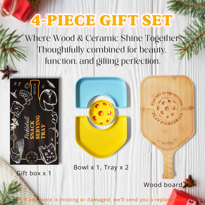 Pickleball Paddle Snack Tray Set, Ceramic Serving Plates with Bamboo Charcuterie Board, Paddle Appetizer Platter for Parties, Unique Pickleball Mothers Day Gifts for Mom
