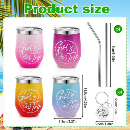 4 Pack Girl's Trip Tumbler Set with Lids 12 Oz Stainless Steel Travel Wine Tumbler for Girls Women Friendship Travel Weekend Trip Vacation Bachelorette Party Camping Gifts