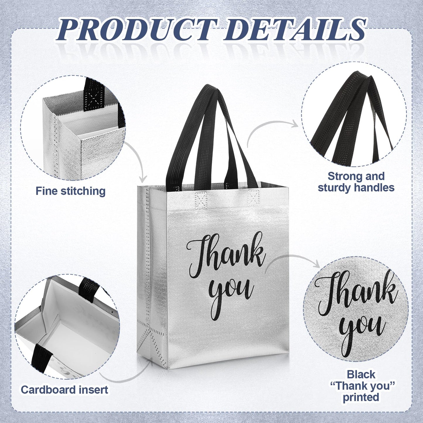 Fumete 50 Pcs Silver Glossy Thank You Gift Bag with Handles 8 x 4 x 10 Inch Non Woven Reusable Gift Bags for Graduation Fathers Day Wedding Birthday Party Engagement Anniversary Holidays