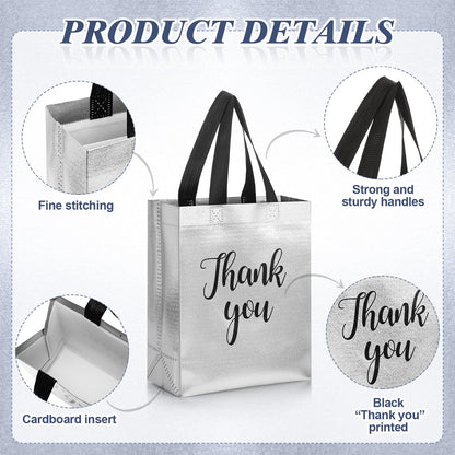 Fumete 50 Pcs Silver Glossy Thank You Gift Bag with Handles 8 x 4 x 10 Inch Non Woven Reusable Gift Bags for Graduation Fathers Day Wedding Birthday Party Engagement Anniversary Holidays