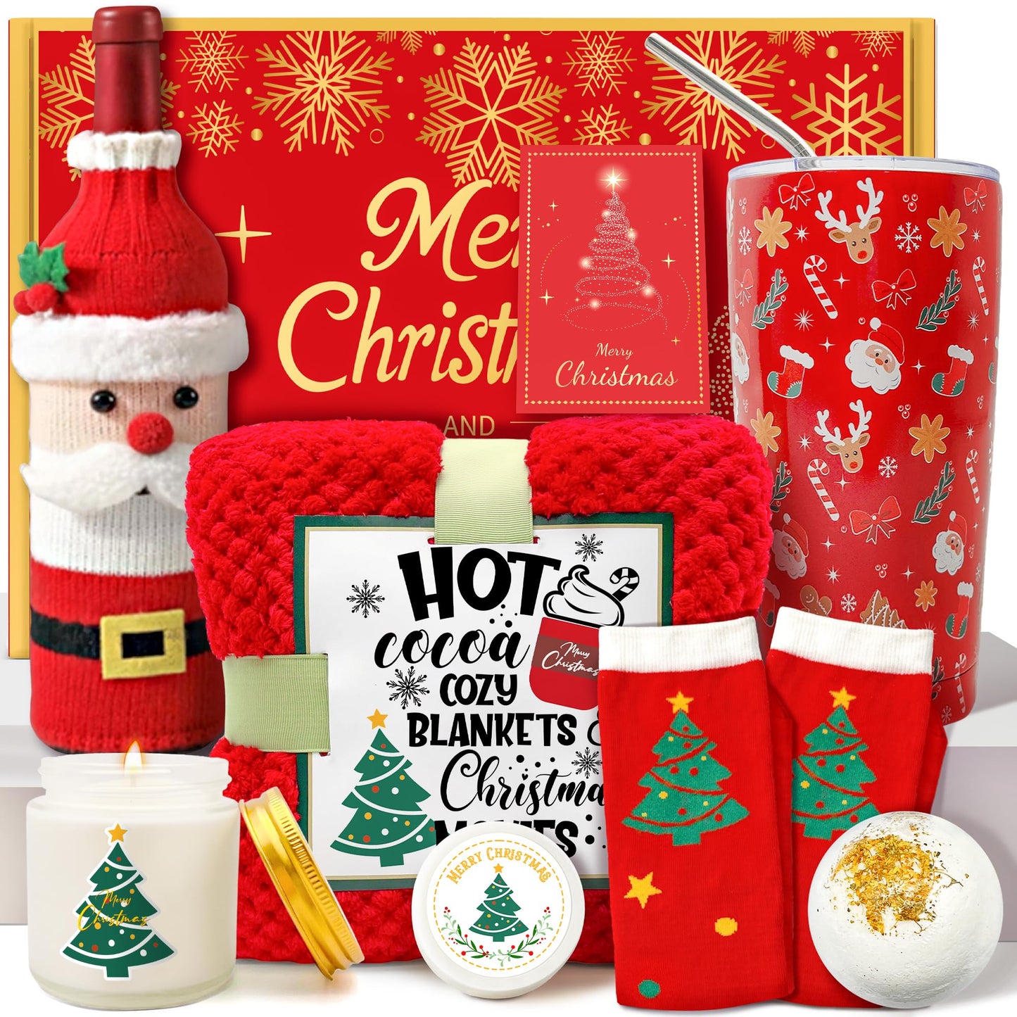 Christmas Gifts for Women, Xmas Gift Set for Women, Her, Mom, Wife, Girlfriend, Sister, Coworkers Boss, Teacher, Nurse, Neighbor, Merry Xmas Gifts Basket Set Unique Tumbler&Blanket Gift Ideas Basket
