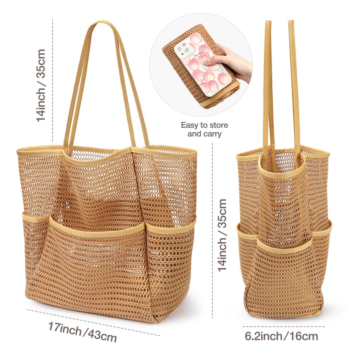 KPX Beach Bag with Mini Pocket, Summer Beach Tote Bags for Women Large Foldable Mesh Swimming Pool Travel Bags - Sandproof