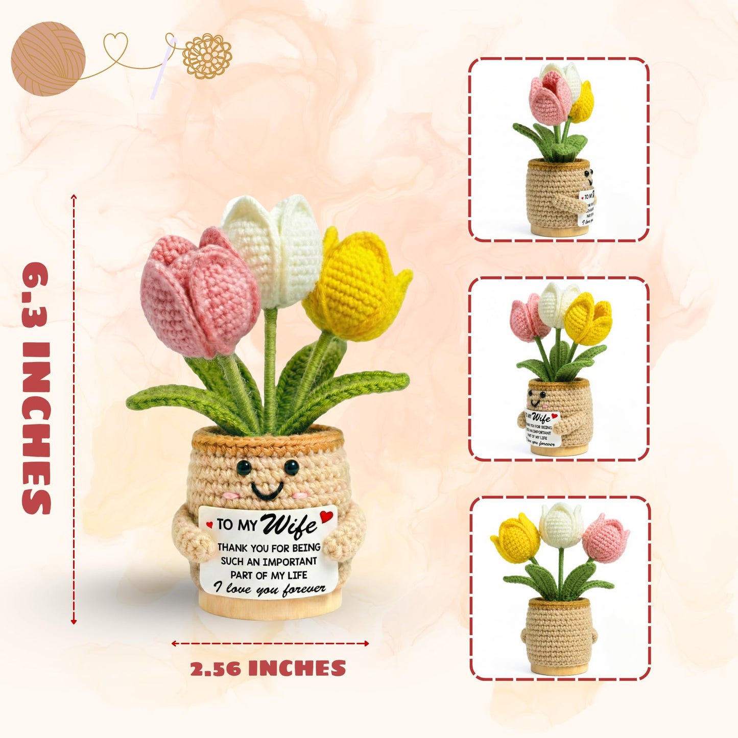 Mothers Day Birthday Gifts for Wife from Husband - Wife Mothers Day, Wedding Anniversary, Birthday Gift Ideas for Her - 6.3'' x 2.56 '' Inspirational Positive Support Tulip Crochet