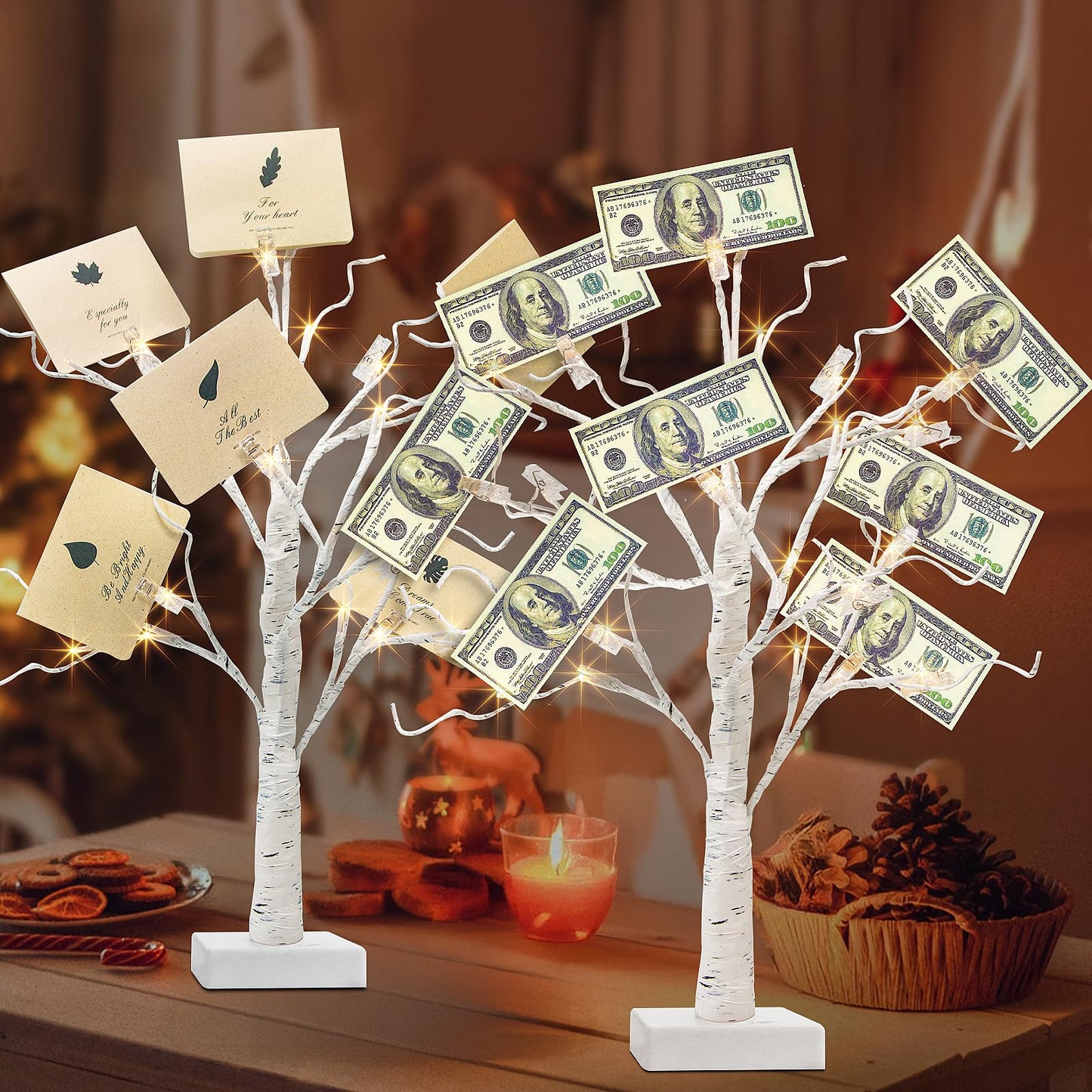 PEIDUO Set of 2 Money Trees, Lighted 22Inch 24LT White Birth Tree with Clips and Greeting Cards, Gift Card Holder for Birthday,Christmas, Wedding, Father's Day Graduation Gifts, Money Tree Gift Holder