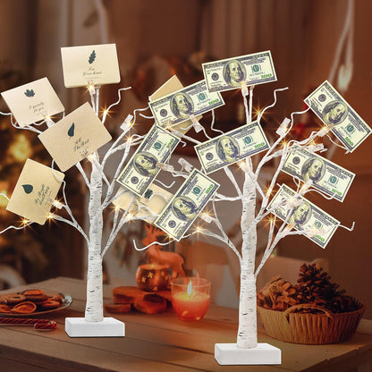 PEIDUO Set of 2 Money Trees, Lighted 22Inch 24LT White Birth Tree with Clips and Greeting Cards, Gift Card Holder for Birthday,Christmas, Wedding, Father's Day Graduation Gifts, Money Tree Gift Holder