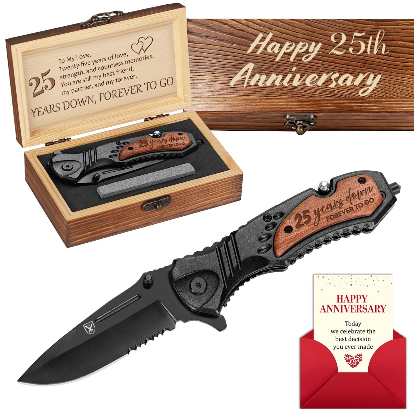 25 Years Anniversary Keepsake Gifts for Him, 25th Anniversary Present for Men Boyfriend Husband Couple, 25 Years Marriage Keepsake, Wedding Date Engraved Pocket Knife with Box, Personalized Mens Knife