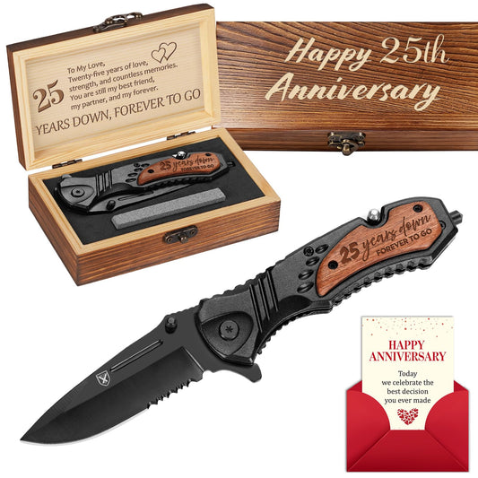 25 Years Anniversary Keepsake Gifts for Him, 25th Anniversary Present for Men Boyfriend Husband Couple, 25 Years Marriage Keepsake, Wedding Date Engraved Pocket Knife with Box, Personalized Mens Knife