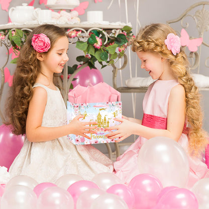 MOIZYNG Her Royal Fiveness Birthday Gift Bag, Pink Gold Castle Floral Princess 5th Birthday Gift Wrap Bags with Handles, Tissue Paper and Greeting Card for Girls 5 Year Old Party Favors Decorations