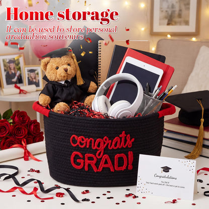 Colingmill 2026 Graduation Large Gift Basket Empty to Fill, 15"x10"x9" Congrats Grad Decorative Rope Storage Basket with Card, LED String Lights & Paper Filler, DIY Graduation Gift(Black Red)