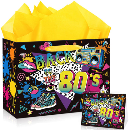 80s Birthday Gift Bag for Men Women, Retro 1980s Themed Party Favor Bags with Tissue Paper Greeting Card Back to The 80s Wrapping Paper Bag for Neon Hip Hop Rock Hippie Christmas Party Favor Supplies