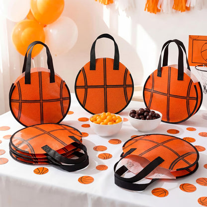 Yeyeplum 12 Pcs Basketball Party Favor Bags 10 × 10 Inch Basketball Gift Bags with Handle Round Non Woven Gift Pouches for Goodie Candy Snacks Sports Themed Birthday Party Supplies