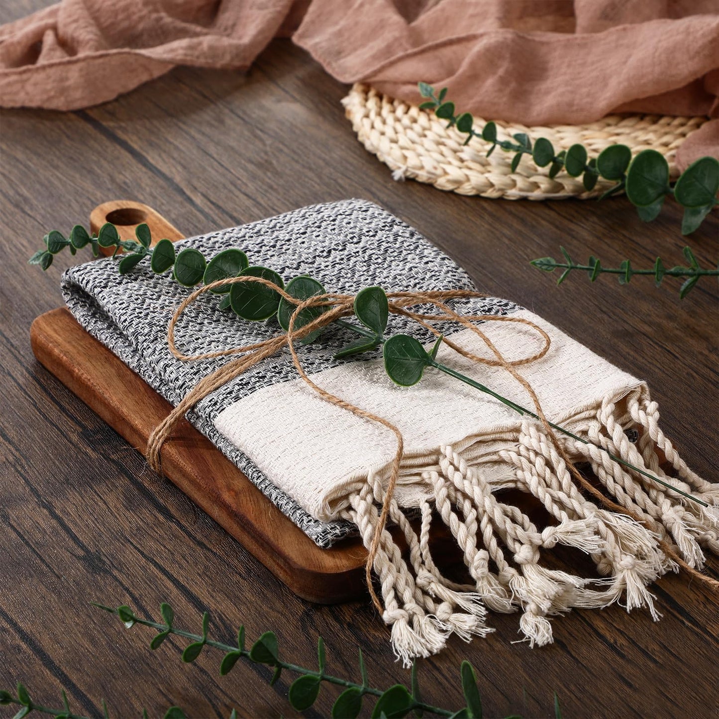 Reallnaive Hostess Gifts Set for Women Housewarming Gifts Include Cutting Board Cotton Turkish Hand Towel Eucalyptus Stem and Hemp Rope for Kitchen Wedding Party New Home Housewarming