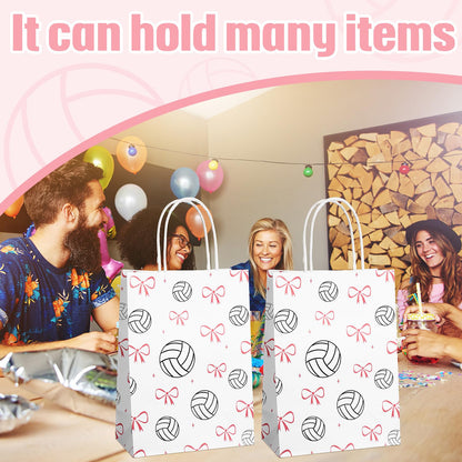 Spiareal 24 Pcs Volleyball Paper Gift Bags with Handles, Volleyball Party Favors Snack Goodies Pink Bow Bags for Team Sport Birthday Themed Party for Decorations, Game Celebration