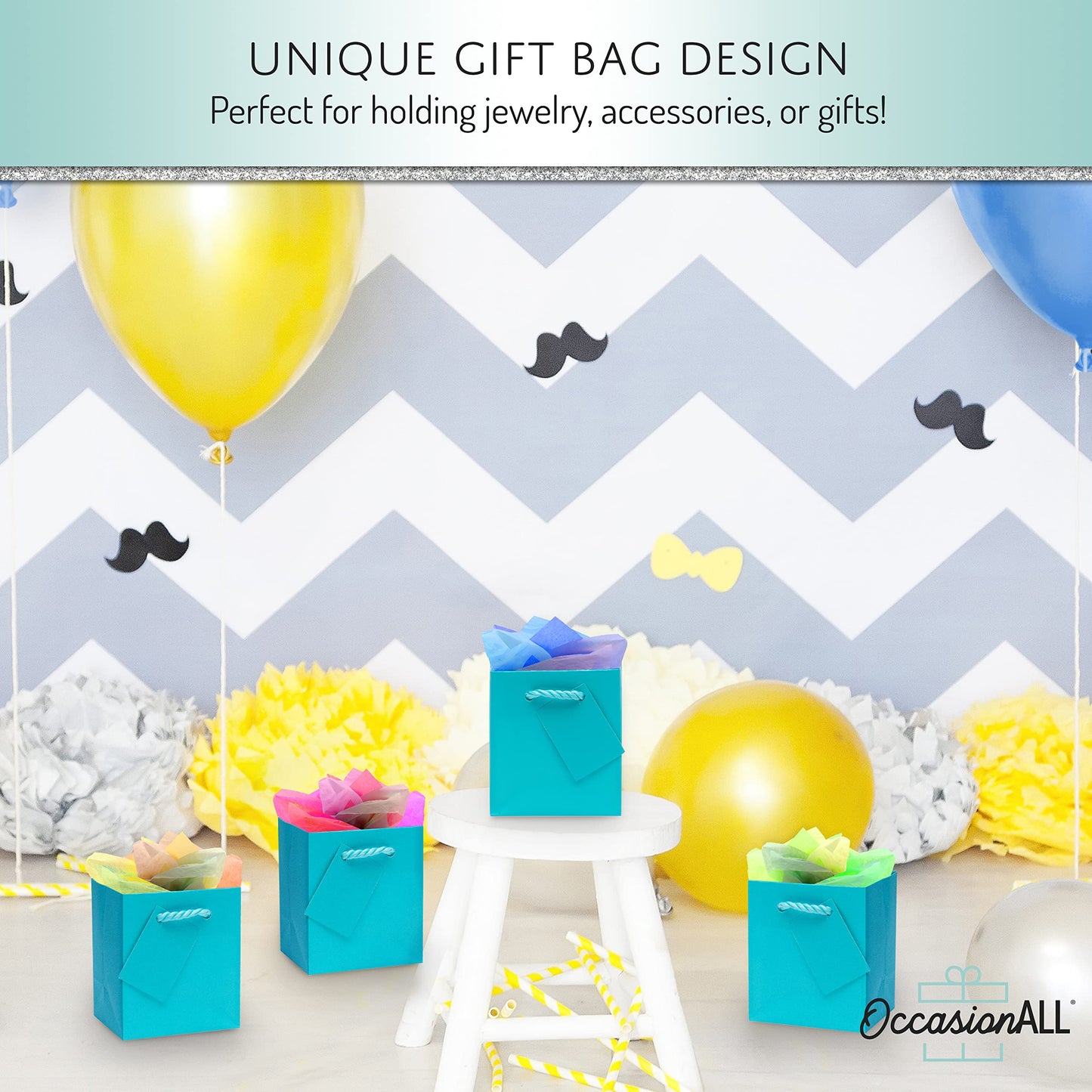 OccasionALL Teal Gift Bags with Handles, Mini Paper Gift Bags for Gift Cards, Weddings, Birthdays, Party Favors, Retail Shopping, Small Business, Events, Bulk, 4x2.75x4.5, 12 Pack
