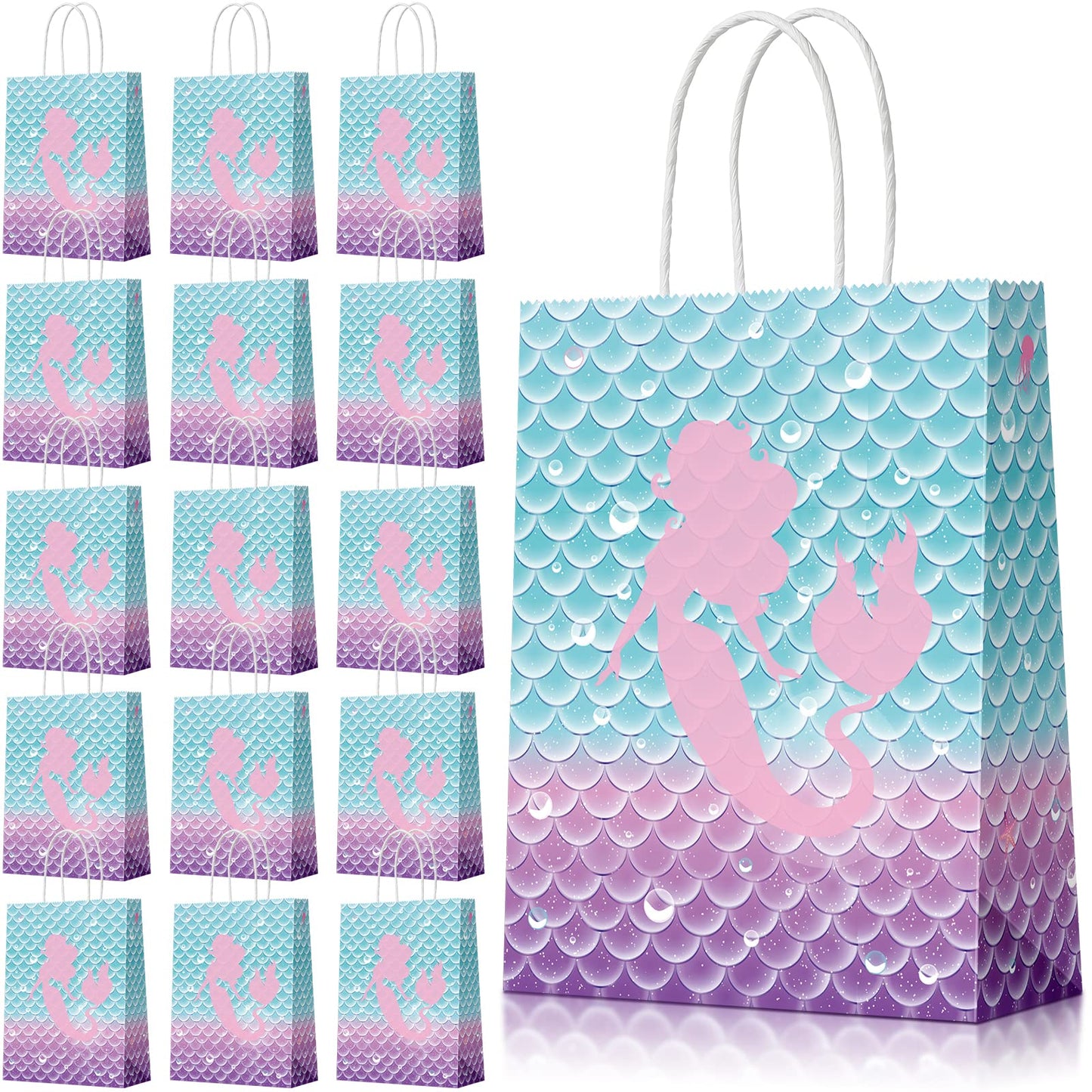 Jectivs 16 Piece Mermaid Birthday Party Favor Bags - Kraft Paper Gift Bags with Handles for Kids' Little Mermaid Themed Baby Shower Party Supplies