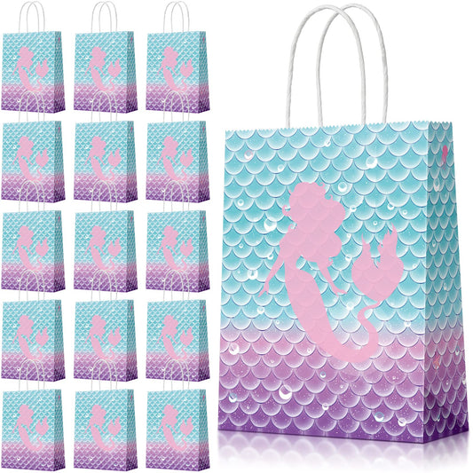 Jectivs 16 Piece Mermaid Birthday Party Favor Bags - Kraft Paper Gift Bags with Handles for Kids' Little Mermaid Themed Baby Shower Party Supplies