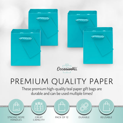 OccasionALL Teal Gift Bags with Handles, Mini Paper Gift Bags for Gift Cards, Weddings, Birthdays, Party Favors, Retail Shopping, Small Business, Events, Bulk, 4x2.75x4.5, 12 Pack
