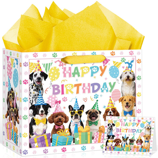Large Dog Birthday Gift Bag Funny Dogs Gift Bag with Birthday Wrapping Paper and Greeting Card Colorful Dog Doggy Puppy Pet Paw Party Favor Bags for Girl Boy Men Women Theme Birthday Decorations