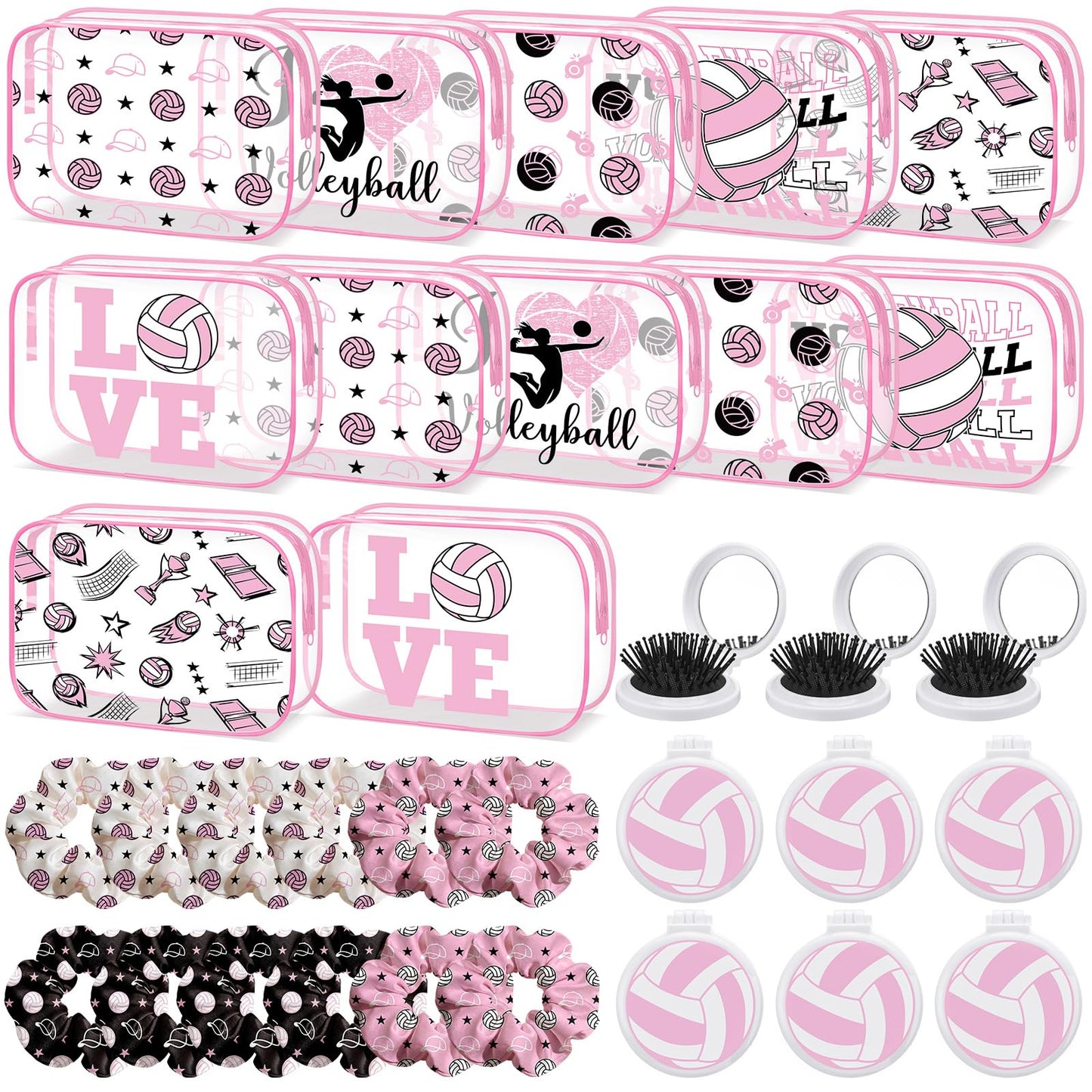 36 Pcs Pink Volleyball Gifts for Girl 12 Pink Volleyball Makeup Bag Bulk Cosmetic Bag Sport Team Gifts with 12 Sport Hair Scrunchies 12 Round Portable Folding Brush Mirror for Team Party