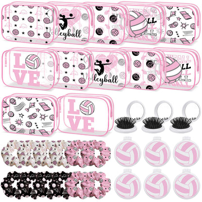 36 Pcs Pink Volleyball Gifts for Girl 12 Pink Volleyball Makeup Bag Bulk Cosmetic Bag Sport Team Gifts with 12 Sport Hair Scrunchies 12 Round Portable Folding Brush Mirror for Team Party