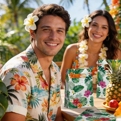 FRIDAY NIGHT 24 Pcs Luau Party Favor Bags Hawaiian Tropical Gift Bags with Handles White Paper Treat Bags Monstera Leaf Floral Design for Summer Birthday Decorations