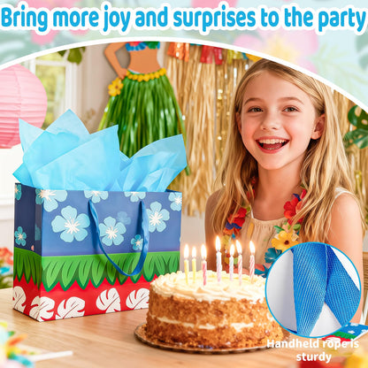 FUNCANDLE 13" Hawaiian Tropical Summer Floral Gift Bag with Greeting Card Tissue Paper, Cartoon Red Blue Treat Goodie Bags with Handle for Boys Girls Kids Friends Island Theme Candy Favor Supplies
