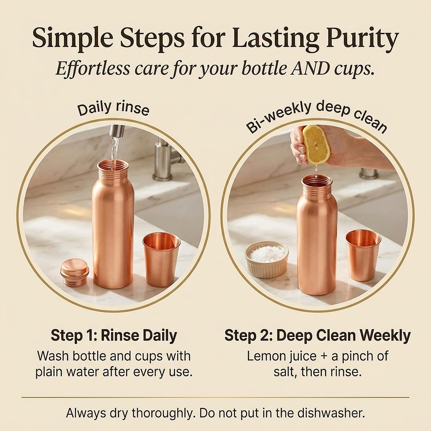 Pure Copper Water Bottle and 2 Tumblers Set - 3 Piece Handcrafted Drinkware Gift Set | 34 Oz Bottle + Two 10 Oz Cups | Jointless Leakproof Ayurvedic Wellness & Hydration