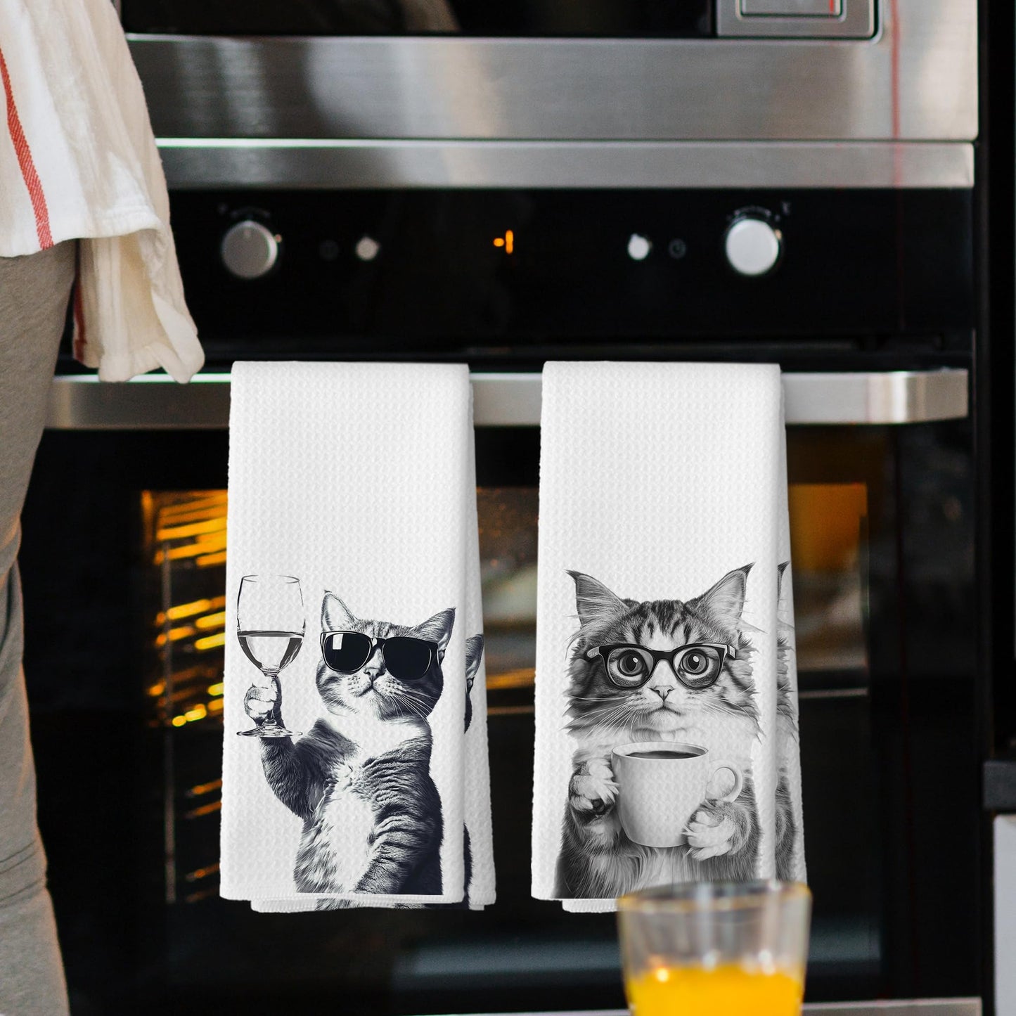 Funny Cat Kitchen Towels Set of 2, Funny Kitchen Decor, Coffee Station Wine Bar Decor, Black and White Cat Owner Gift Hand Towel, Dining Room Decorative Tea Towel Dish Towels 16x24 Inch