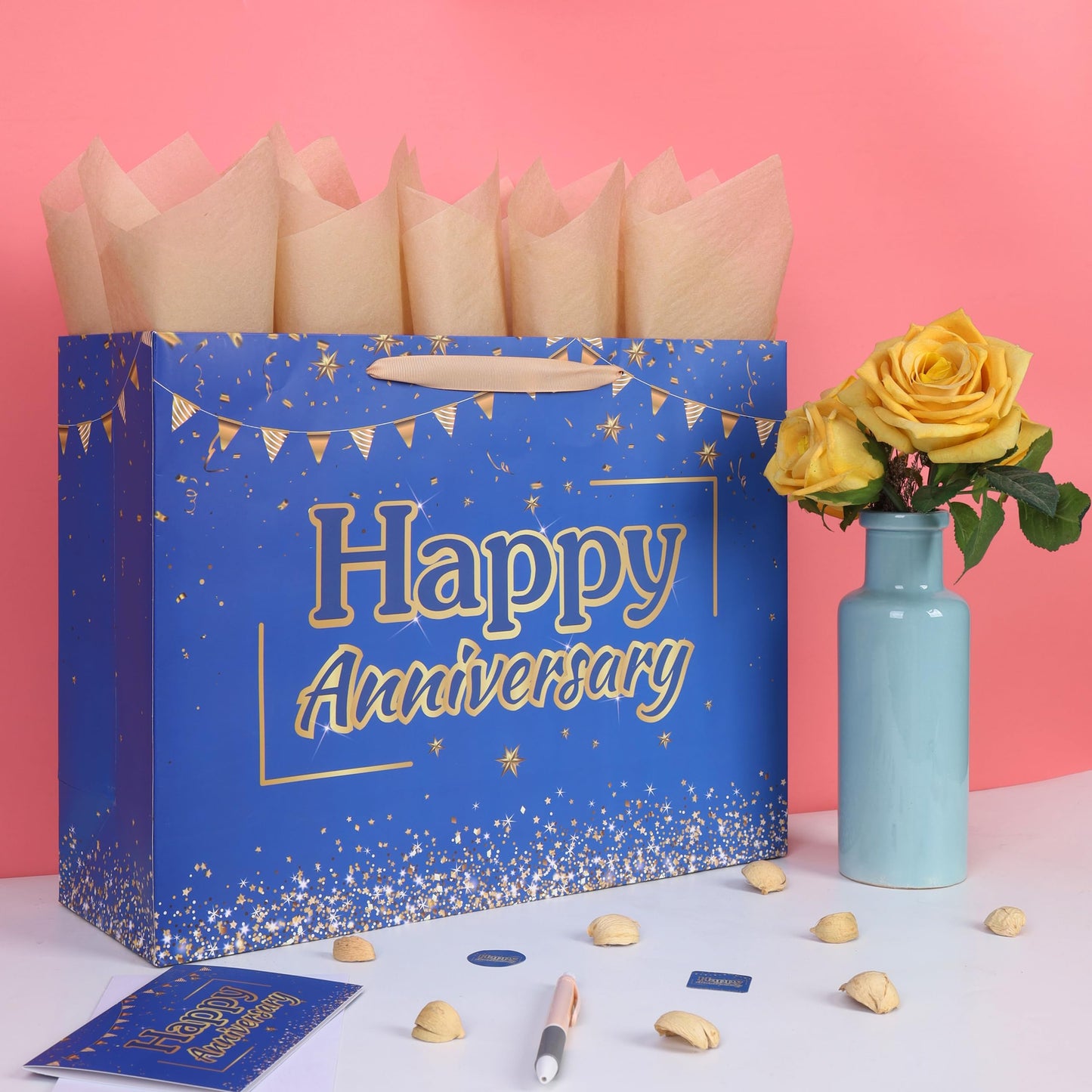 wishinside 16.5” Extra Large Anniversary Blue Gift Bag Set with Handles, Greeting Card, Tissue Papers and Stickers for Men Husband, for Anniversary Party, Wedding Party, 1 Pcs