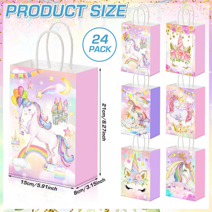 Kolldenn 24 Pcs Unicorn Party Favor Bags for Birthday Party Supplies Cute Unicorn Gift Goodie Paper Bags with Handles Rainbow Goody Treat Candy Pouch‌ for Girls Birthday Baby Shower Decorations