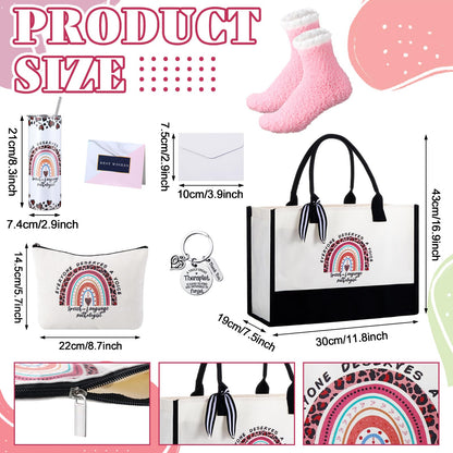 Geiserailie 8 Pcs Speech Language Pathologist Gifts for Women Including Large Speech Therapy Tote Bag Cosmetic Bags Tumbler Cup Plush Socks Keychain Card and Envelope for Slp Thank You Gifts