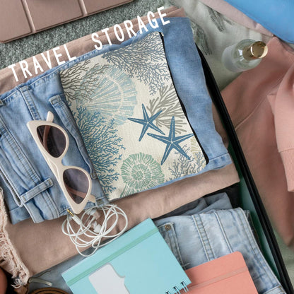 Ocean Starfish Coral Seashell Beach Makeup Bag, Marine Life Sea Animals Cosmetic Bags for Women, Beach Vacation Gifts, Ocean Themed Gifts