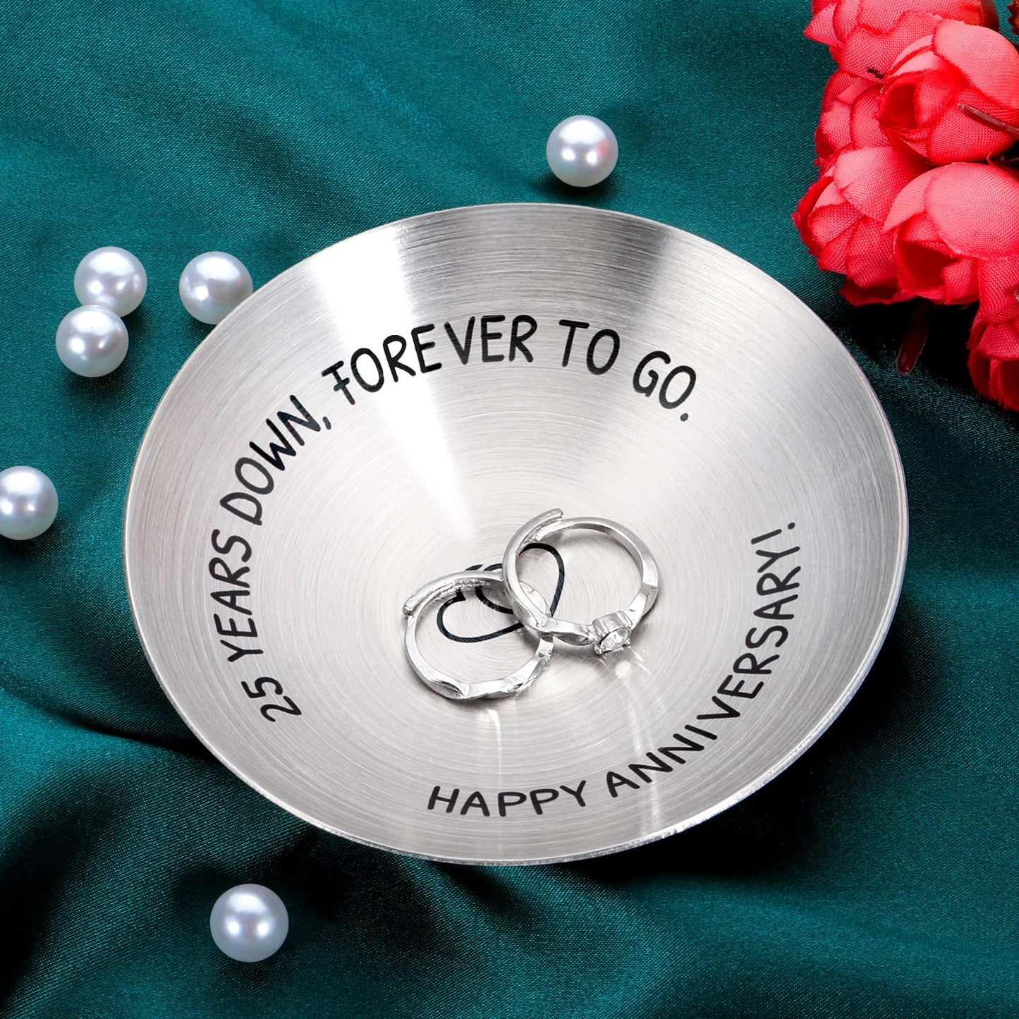 25 Year Anniversary Decorations Gifts for Wife Husband Couple 25th Wedding Anniversary Silver Gifts for Women Men Parents Happy 25th anniversary 4" Ring Holder Dish Jewelry Tray Christmas Valentines